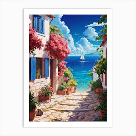 Lofi Anime Art: Mediterranean seaside village with a colorful house, blooming flowers, and a serene ocean view. Perfect for tranquil, sunny vibes. Art Print