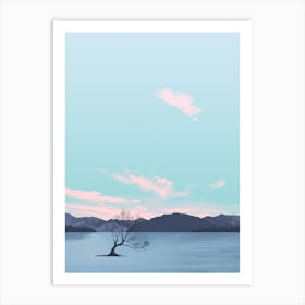 Wanaka Tree New Zealand Lake Mountains Sky Pink Clouds Art Print