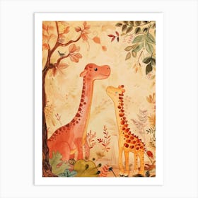 Dinosaur & Giraffe Friends Storybook Style Art Print