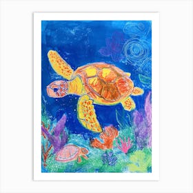 Colourful Sea Turtle Exploring Deep Into The Ocean Crayon Doodle 1 Art Print