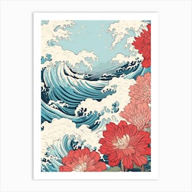 Great Wave With Aster Flower Drawing In The Style Of Ukiyo E 4 Art Print