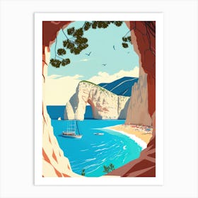 Navagio Beach, Zakynthos, Greece - Retro Landscape Beach and Coastal Theme Travel Poster Art Print