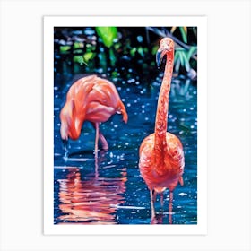 Flamingos in a Tranquil Lagoon. A serene scene of vibrant pink flamingos wading and interacting in a lush, green lagoon surrounded by dense foliage. The water reflects their elegant forms, creating a harmonious connection between nature and wildlife. 1 Art Print