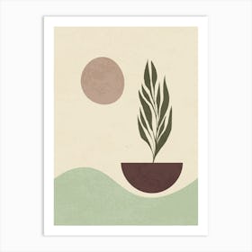 Minimalist Plant Silhouette with Textured Sun Art Print