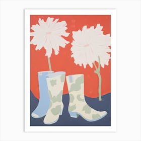 A Painting Of Cowboy Boots With White Flowers, Pop Art Style 4 Art Print