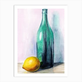 Lemon And A Green Bottle kitchen art still life hand painted painting watercolor yellow calm soothing  Art Print