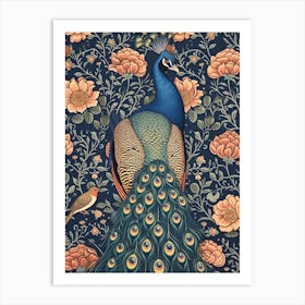 Peacock & A Robin Wallpaper Style Art Print