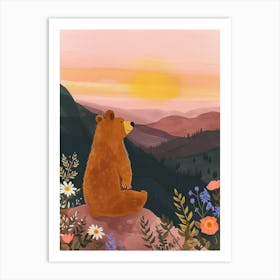 Brown Bear Looking At A Sunset From A Mountaintop Storybook Illustration 1 Art Print