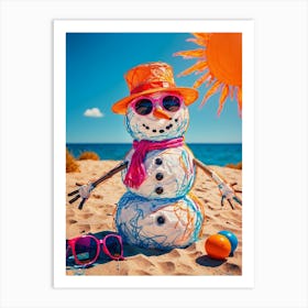 Snowman On The Beach Art Print