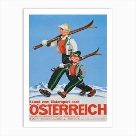Wintersport Osterreich, Mom and Son Skiers in Austria Vintage Ski Poster Art Print