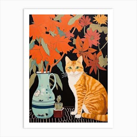 Foxglove Flower Vase And A Cat, A Painting In The Style Of Matisse 1 Art Print