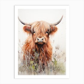 Grassy Highland Cow Watercolour 4 Art Print