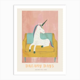 Pastel Unicorn Sat On A Mustard Sofa Poster Art Print