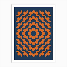 Midcentury Modern Abstract Geometric Flower Pattern Floral in Navy Blue and Burnt Orange Art Print