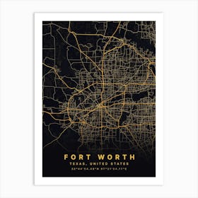 Fort Worth Texas USA Black And Gold Map Art Print