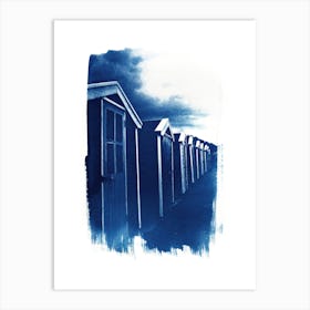 Beach Huts Cyanotype Blue Art Print