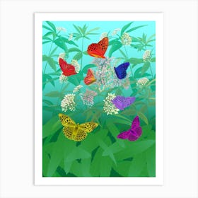 Multi-Colored Butterflies On Flowers And Leaves Art Print