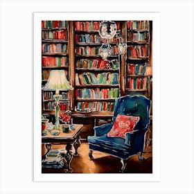 Blue Chair In A Library Art Print