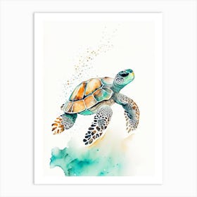 A Single Sea Turtle In Coral Reef, Sea Turtle Minimalist Watercolour 3 Art Print