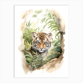 Tiger Illustration Birdwatching Watercolour 1 Art Print