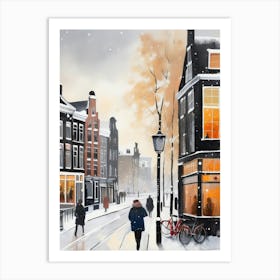 Amsterdam cafes, winter season, Christmas, autumn oil colors, pale colors, pedestrians in the street, winter clothes, falling snow.10 Art Print