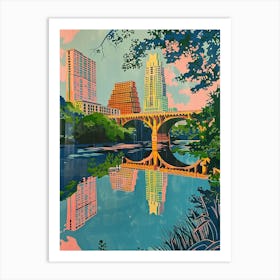 Congress Avenue Bridge Austin Texas Colourful Blockprint 2 Art Print