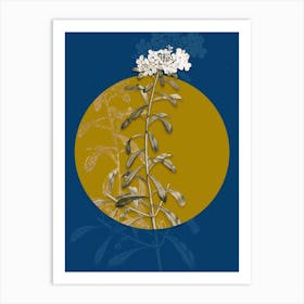 Vintage Botanical Small White Flowers on Circle Yellow on Blue Art Print