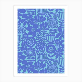 Paper Flowers Collage Monochrome Sky Blue Royal Blue Art Print