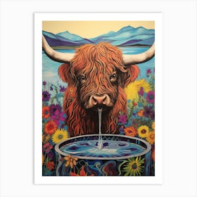 Floral Colourful Illustration Of Highland Cow Drinking Out Of Trough 2 Art Print