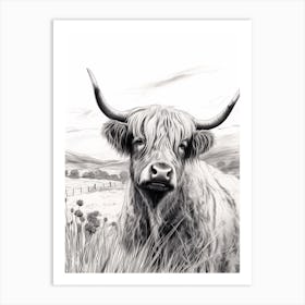 Black & White Illustration Of Highland Cow In Grass Art Print