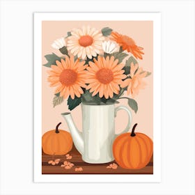 Pitcher With Sunflowers, Atumn Fall Daisies And Pumpkin Latte Cute Illustration 5 Art Print