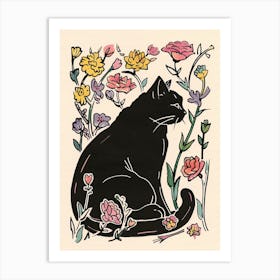 Cute Black Cat With Flowers Illustration 3 Art Print