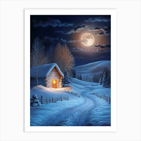 Winter Night In The Cabin Art Print