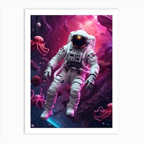 Octopus In Galaxy With Astronaut Art Print