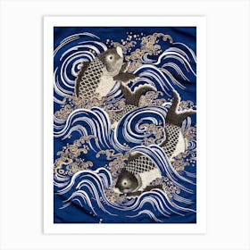 Carp In Waves Japanese Koi Art Print