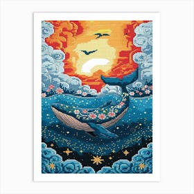 Floral Whale Embroidery With Birds And Fiery Sky 1 Art Print