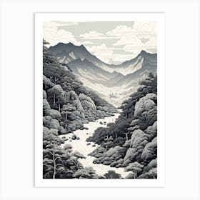 Aso Kuju National Park In Kumamoto, Ukiyo E Black And White Line Art Drawing 4 Art Print