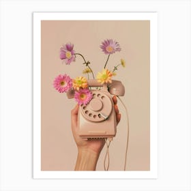 man holding an old Phone With Flowers Art Print