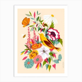 Screen Print Florals With Pirol And Butterflies Art Print