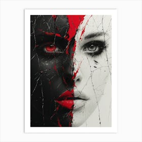 Cracked Realities: Red Ink Rendition Inspired by Chevrier and Gillen: Face Of A Woman Art Print