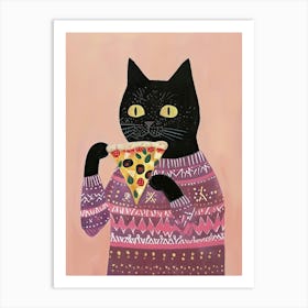 Black Cat Eating A Pizza Slice Folk Illustration 4 Art Print