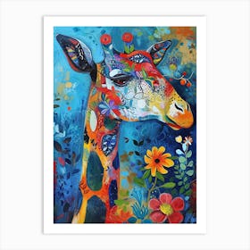 Giraffe With Flowers Painting 3 Art Print