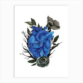 Anatomical blue heart with black rose Art Print