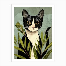 Black Cat With Green Leaves Art Print