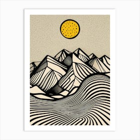 A minimalist pen and ink drawing of a mountainous Art Print