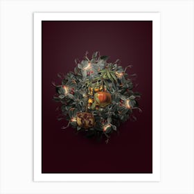 Vintage Pomegranate Fruit Wreath on Wine Red n.0088 Art Print