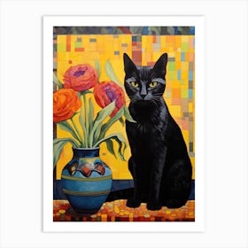 Black Cat With Tulips 1 Art Print