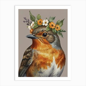 Robin With Flower Crown1 Style Watercolor Art Print