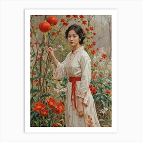 Girl With Red Lanterns And Flowers Art Print