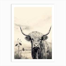 Sepia Illustration Of Highland Cow Art Print